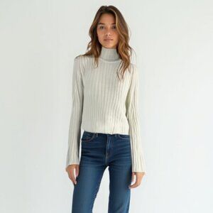ZARA Wool Blend Ribbed Mock Neck Sweater Cream Bell Sleeve Academia Aesthetic S